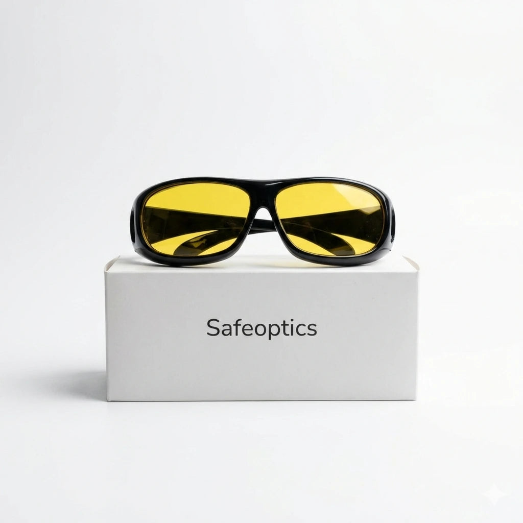 SafeOptics körglasögon med gula linser på en vit Safeoptics-förpackning